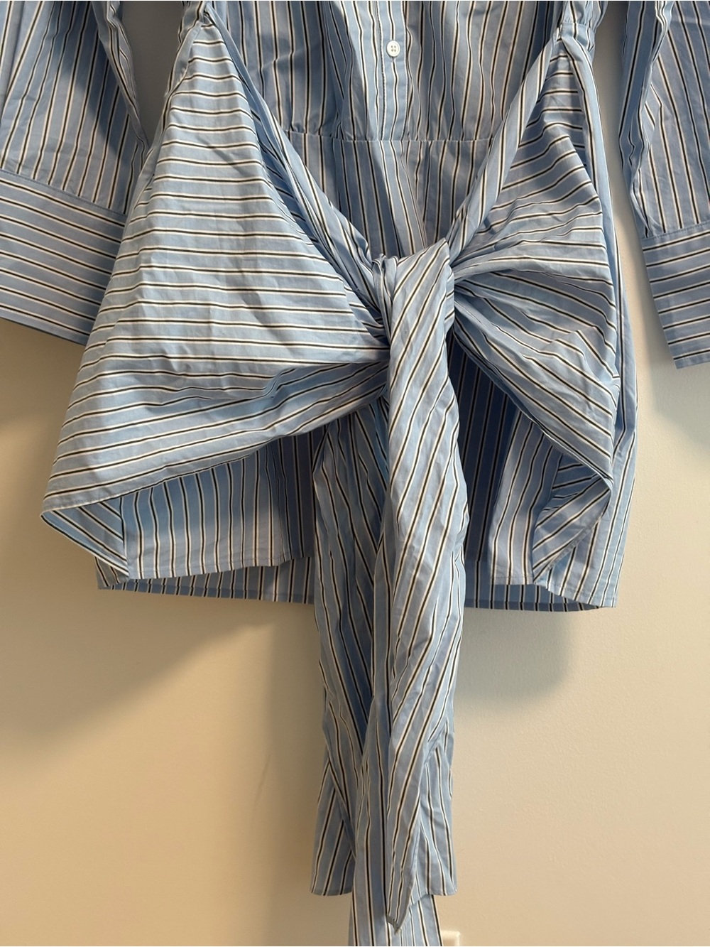Classic Blue Stripe Long Sleeve Shirt Dress with Tie Detail - Picture 3 of 11